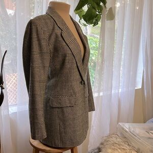 Blazer Window Pane  Long Blazer size 10 Wool 1990 Vintage Blazer grey black